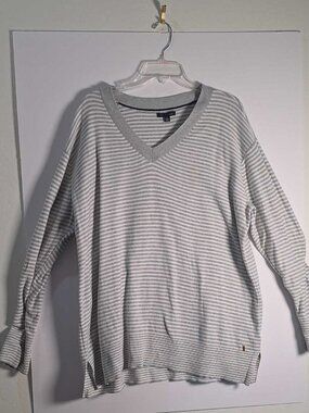 Tommy Hilfiger Womens XXL Gray White Striped V-Neck Cotton Sweater